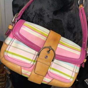 Vintage Coach Pink and Green Striped Shoulder Bag
